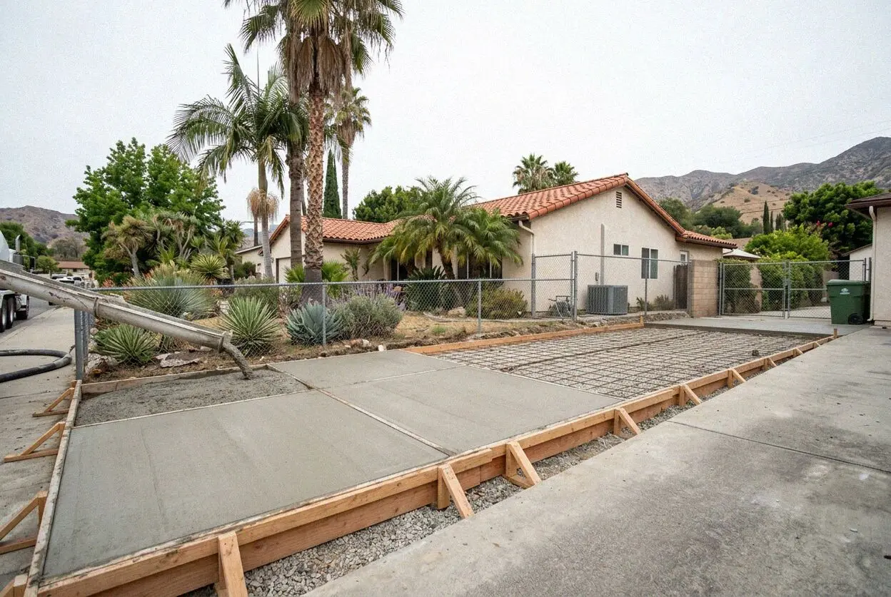 A ribbon driveway being repoured beside a 1920s bungalow in Alhambra
