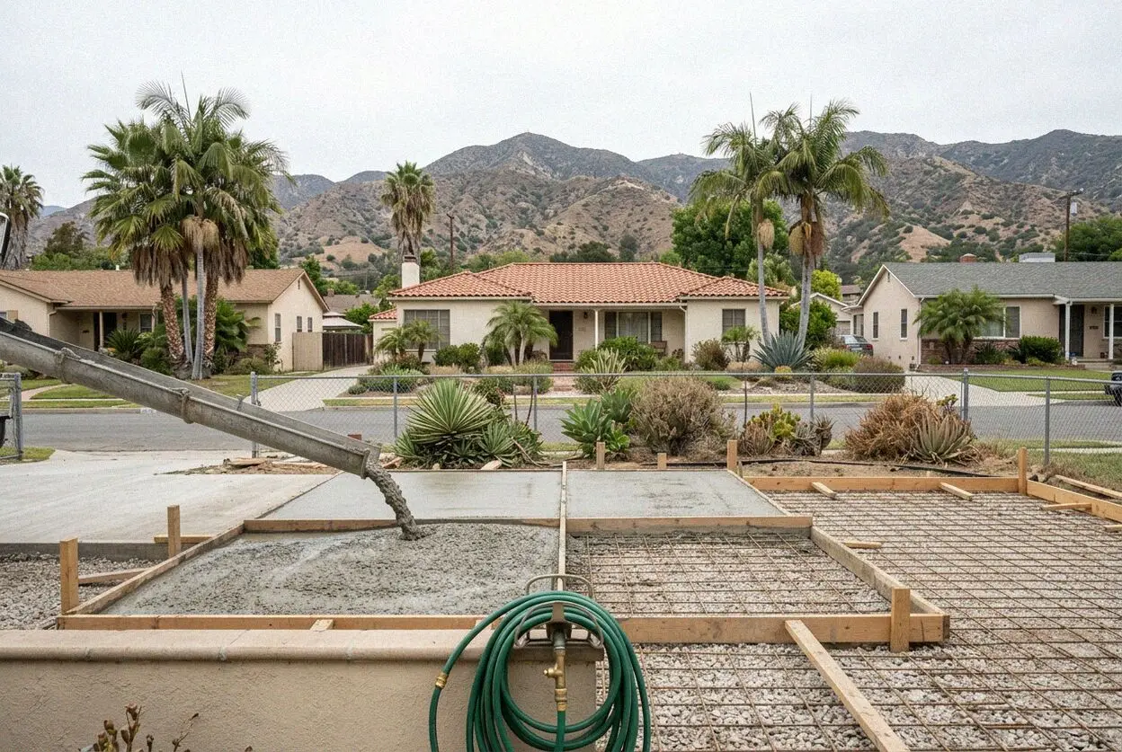 A wide driveway poured before a ranch house on a leafy Arcadia street