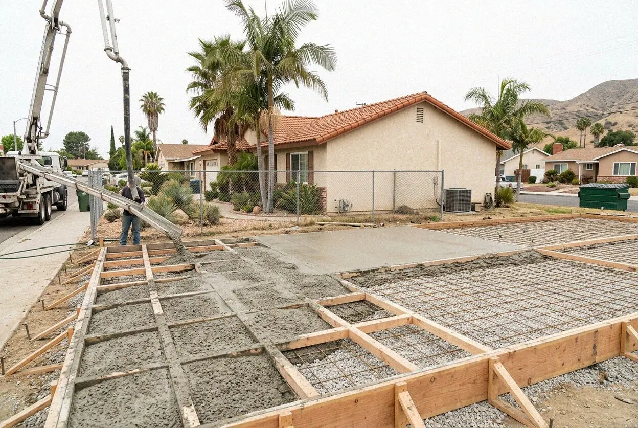 A driveway and front walk poured at a 1950s tract house in Baldwin Park