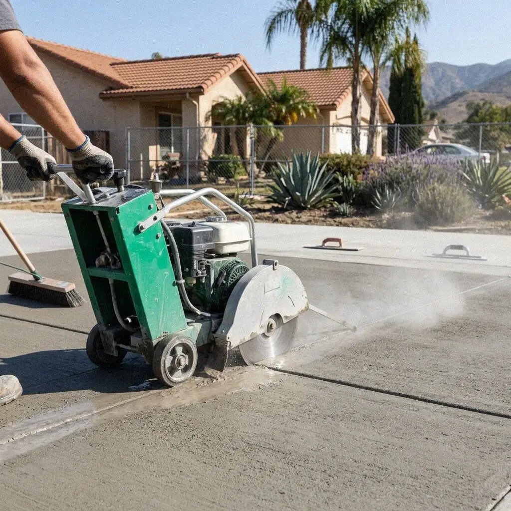 Hands guiding a wet saw along a chalk line on a slab in El Monte