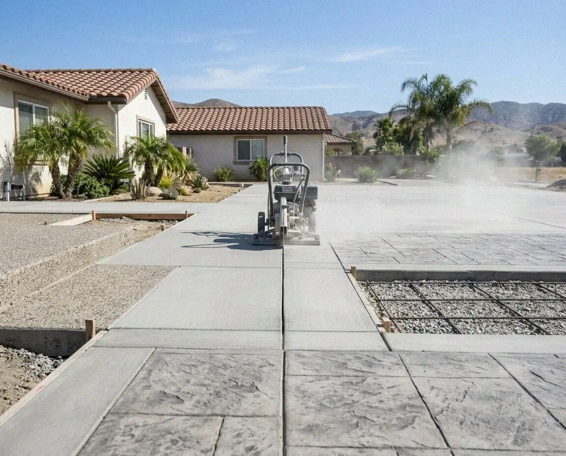 Walk-behind saw part way along a fresh cut in an El Monte garage slab