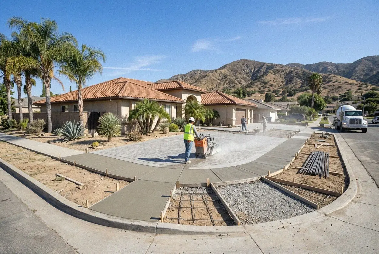Walk-behind saw cutting a trench through a garage slab in El Monte, CA