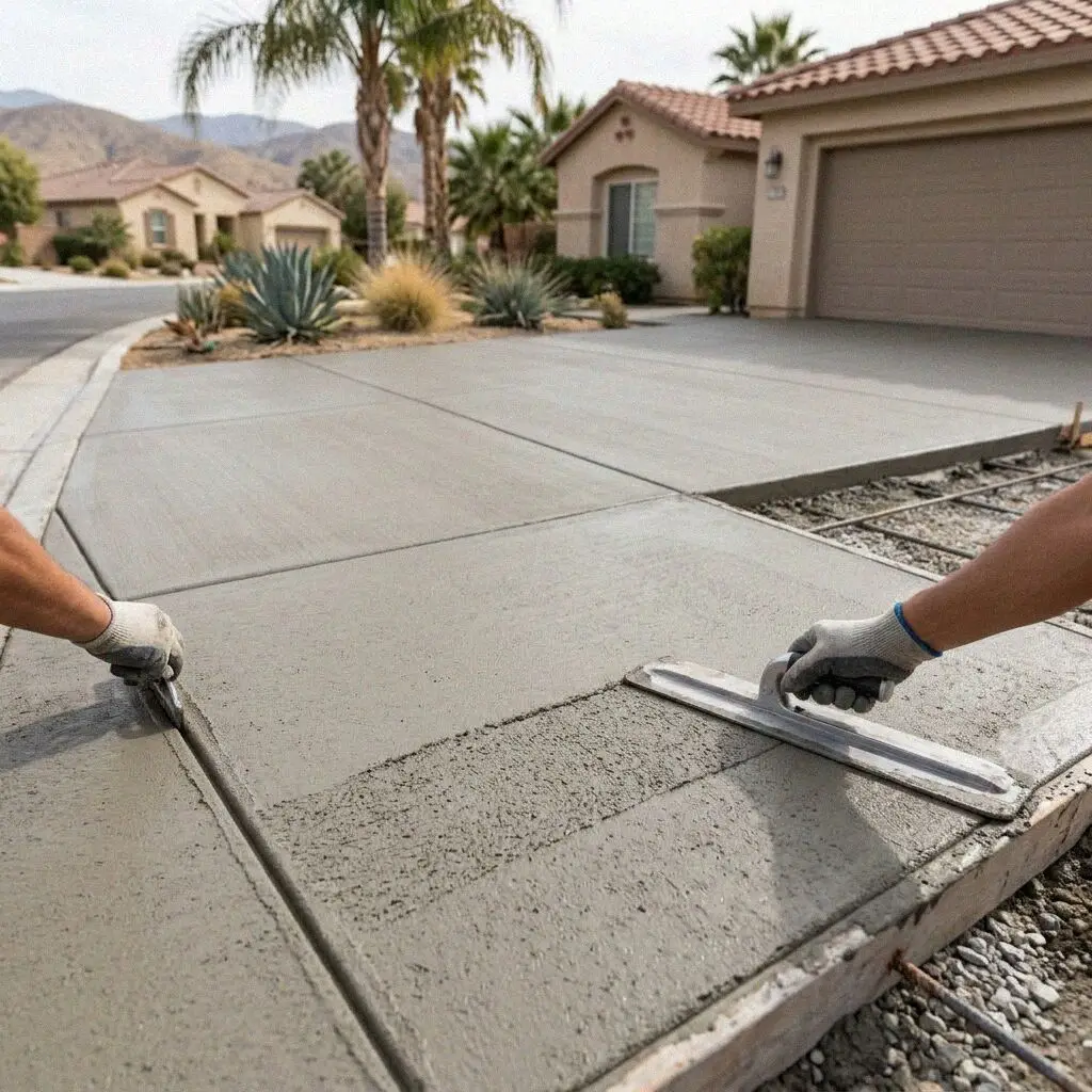 Crew finishing a fresh driveway slab at a home in El Monte