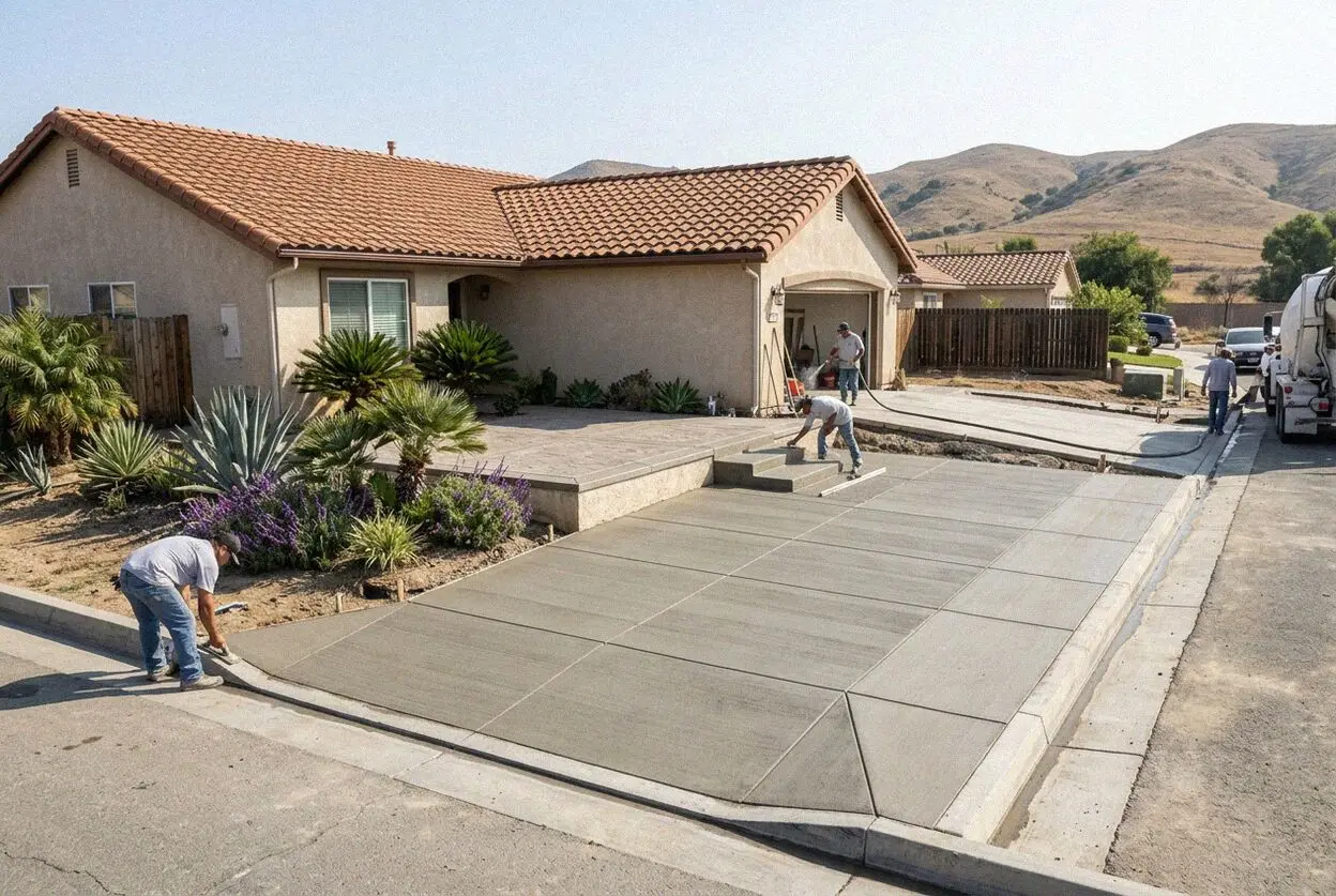 New concrete driveway running to the garage of an El Monte house