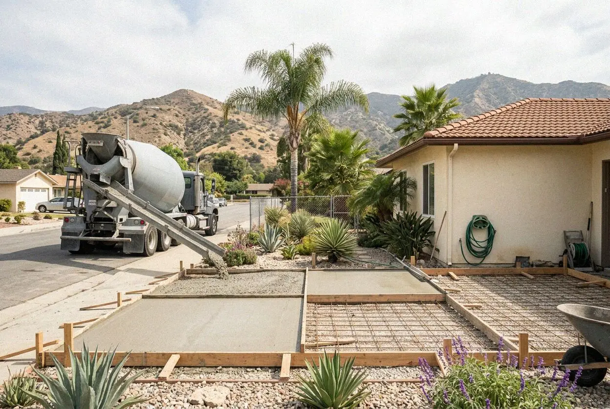 A sloping driveway poured at a ranch house in Duarte, mountains behind