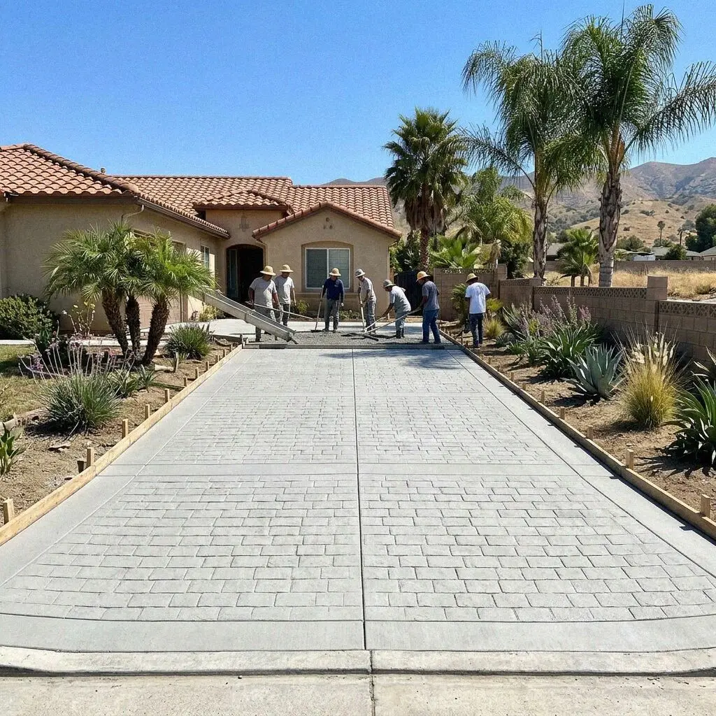 El Monte crew troweling a fresh driveway slab flat
