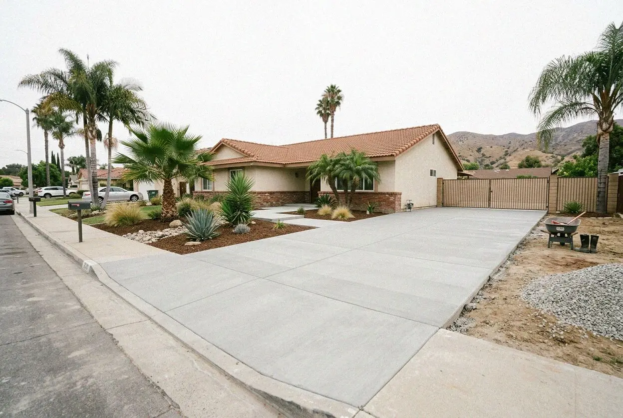 New concrete driveway at a post-war home on a small El Monte lot