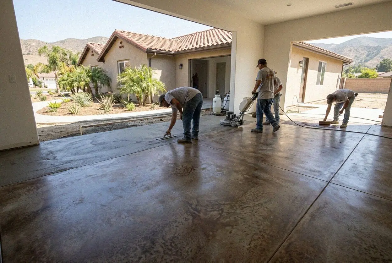 Crew screeding a new interior concrete floor inside an El Monte, CA home