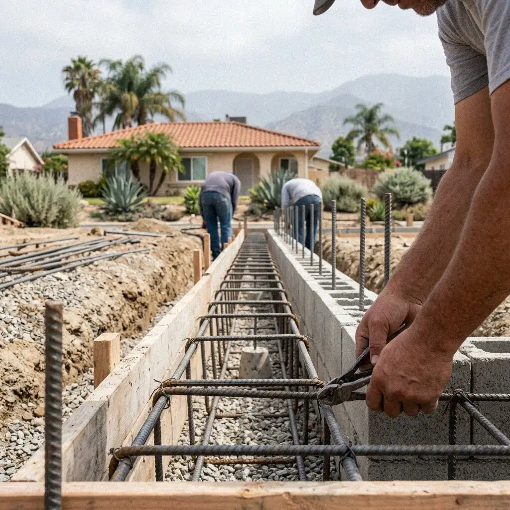 Hands tying number 4 rebar to chairs inside a footing form in El Monte