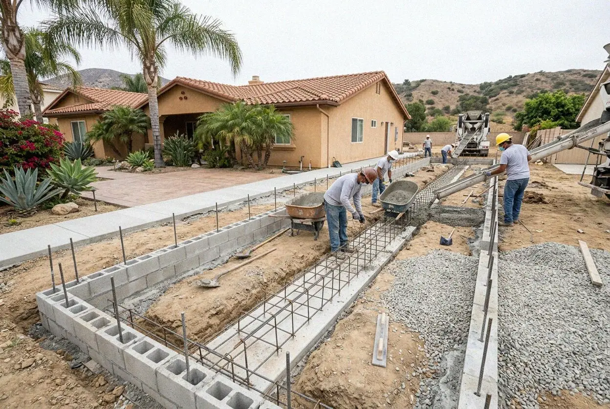 Rebar cage being tied in a formed footing trench at an El Monte, CA home