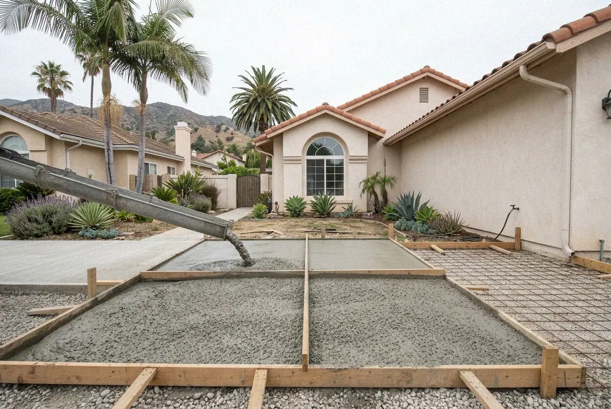 Pouring a sloped concrete driveway below a Craftsman house in Monrovia