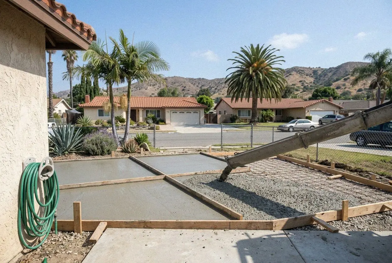 A new broom-finished driveway at a 1920s bungalow on a Montebello street