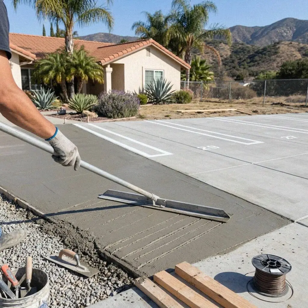 Hands setting a dowel basket across a sawn joint line in an El Monte lot