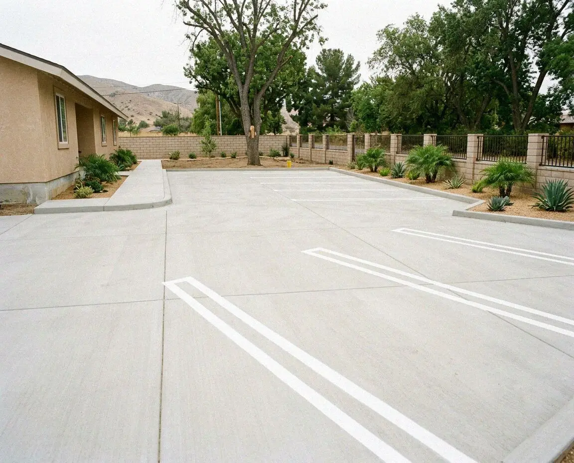 New concrete parking lot with sawn joints and fresh stripes in El Monte