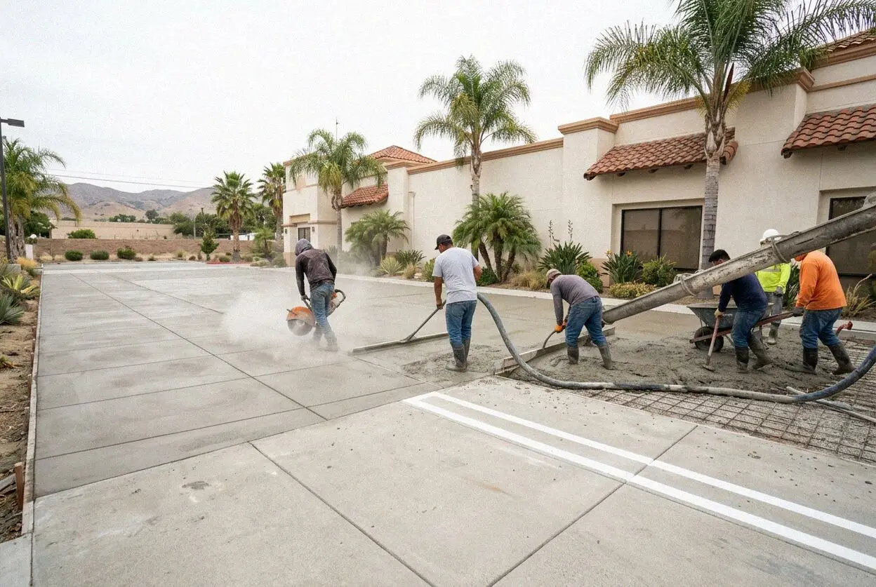 Crew screeding a concrete parking lot pour at an El Monte, CA business