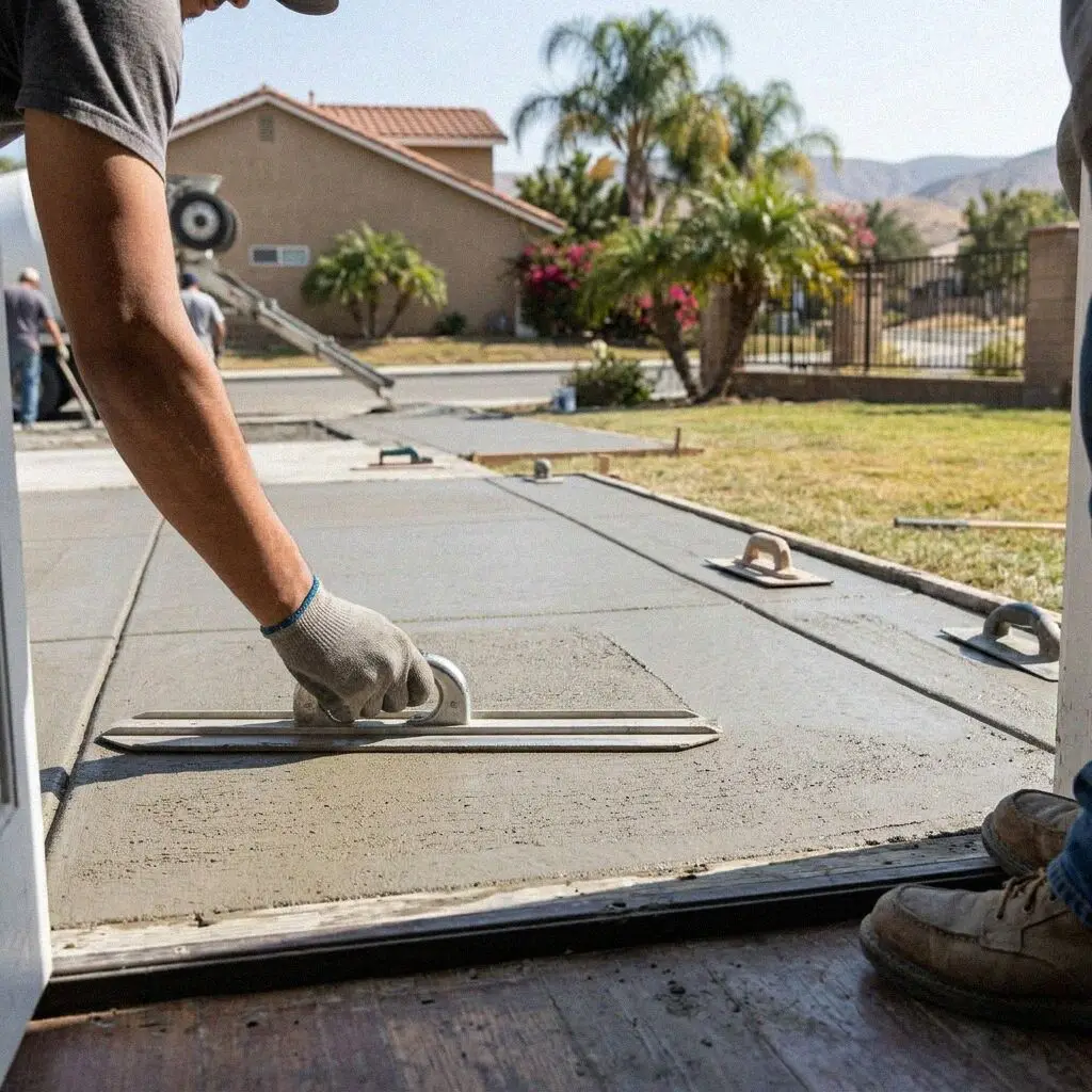 Crew placing a fresh patio slab in an El Monte back yard