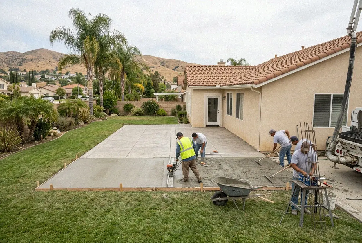 A new broom-finished patio slab behind an El Monte house