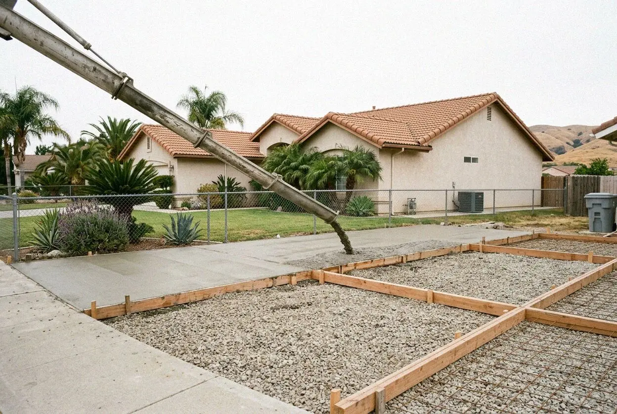 A driveway being formed at a 1950s ranch house on a Pico Rivera street