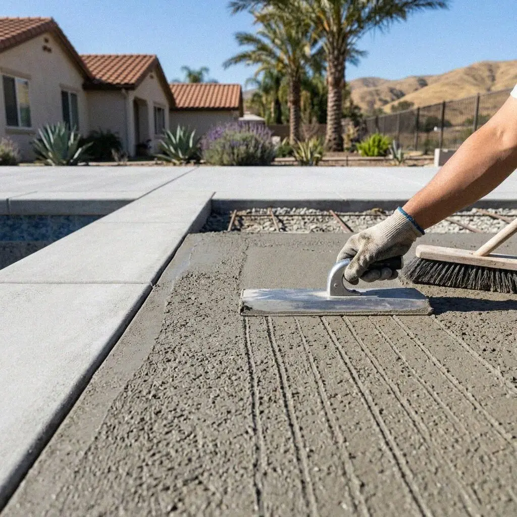 Trowel finishing the coping edge of a new pool deck in El Monte
