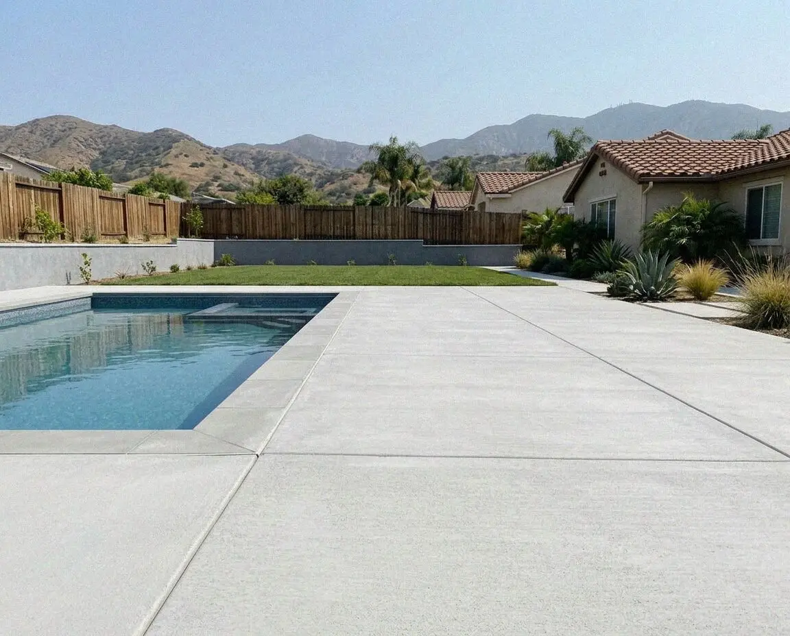 Broom-finished concrete pool deck wrapping a back yard pool in El Monte