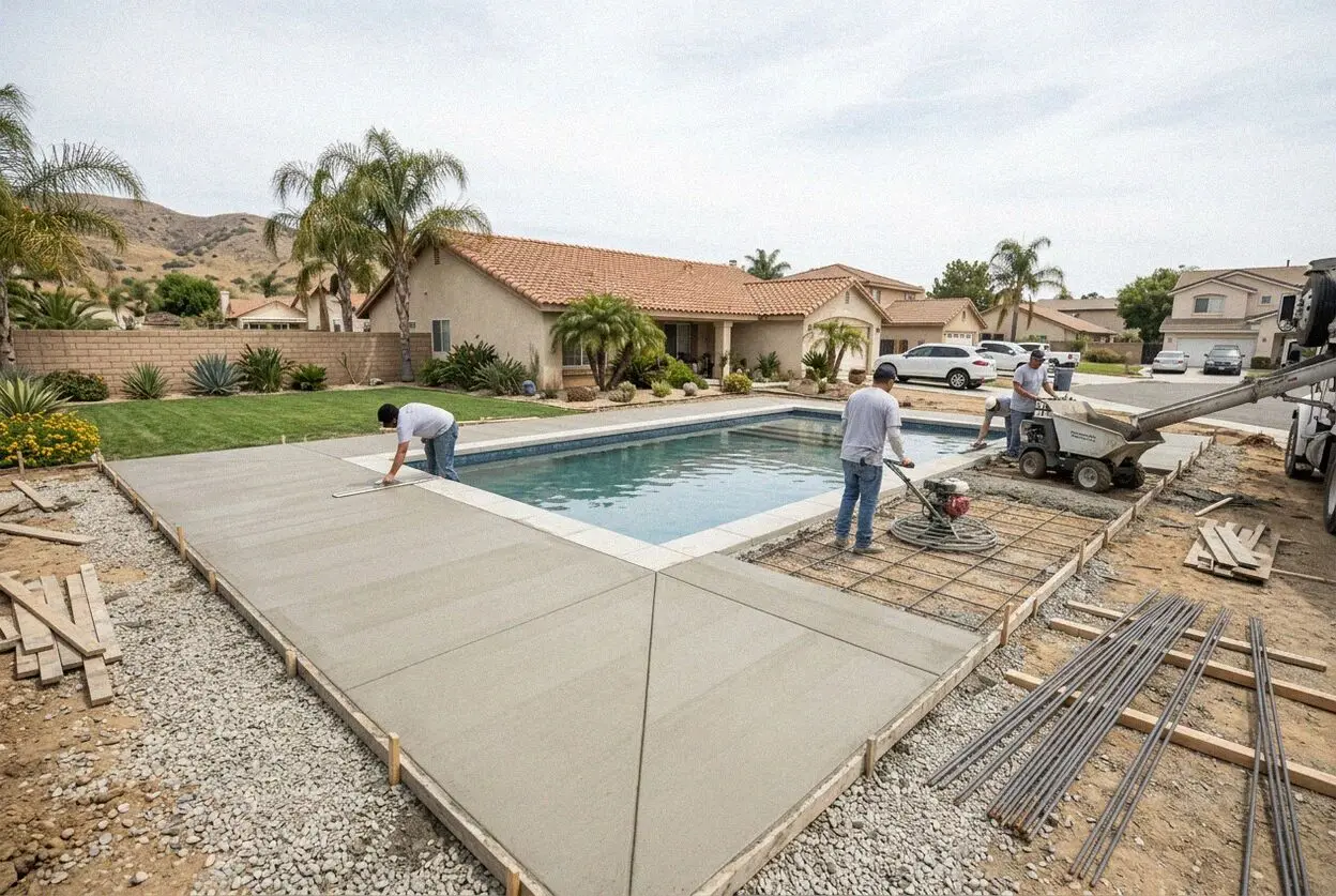 Concrete pool deck being poured around a back yard pool in El Monte, CA