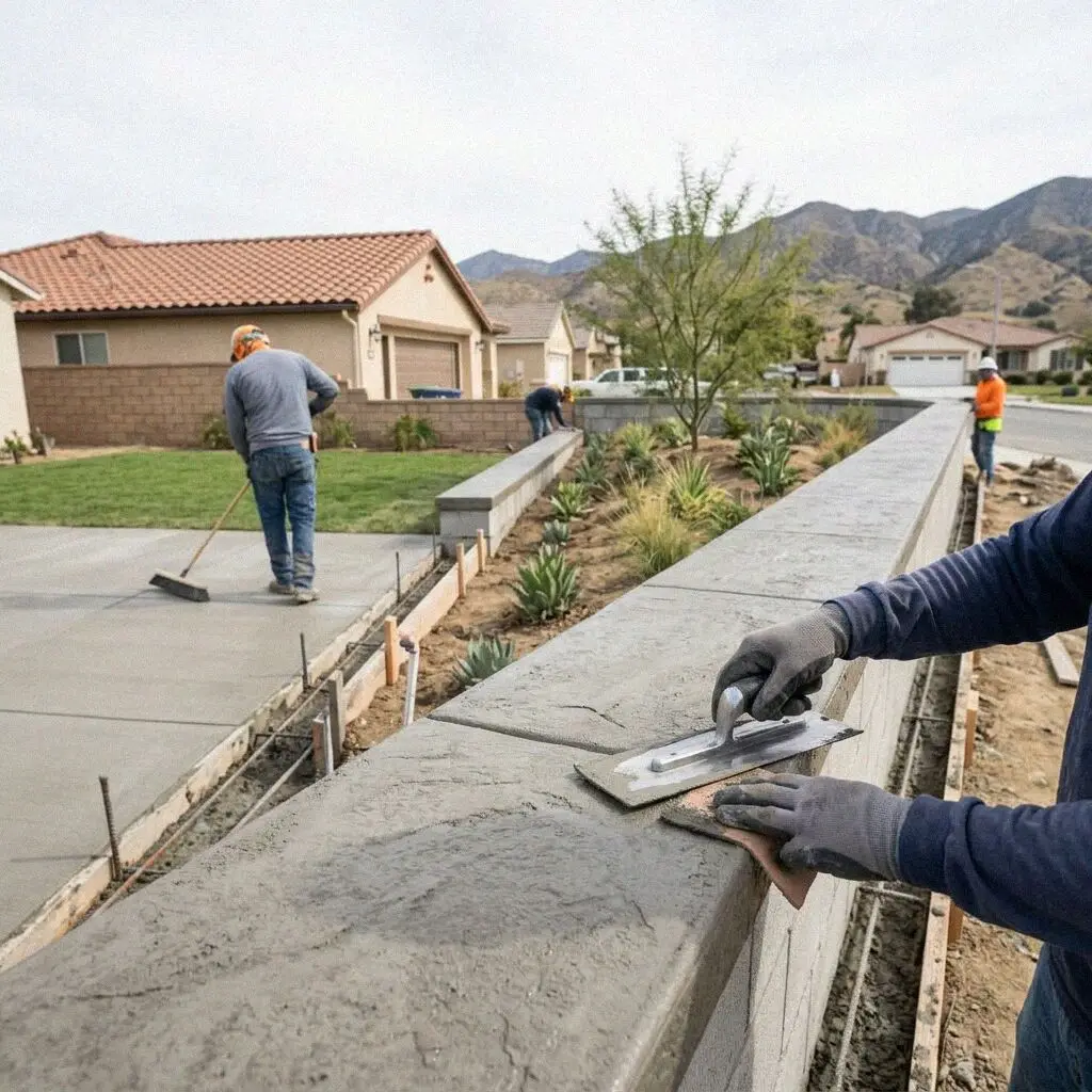 Hands tying rebar dowels on a retaining wall footing in El Monte