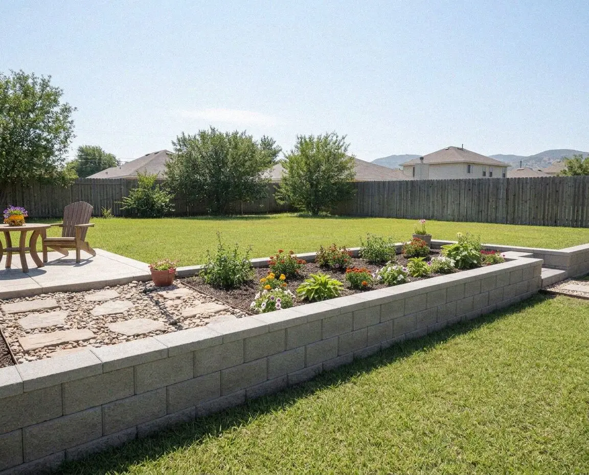 Finished block retaining wall holding a raised planted bed in El Monte