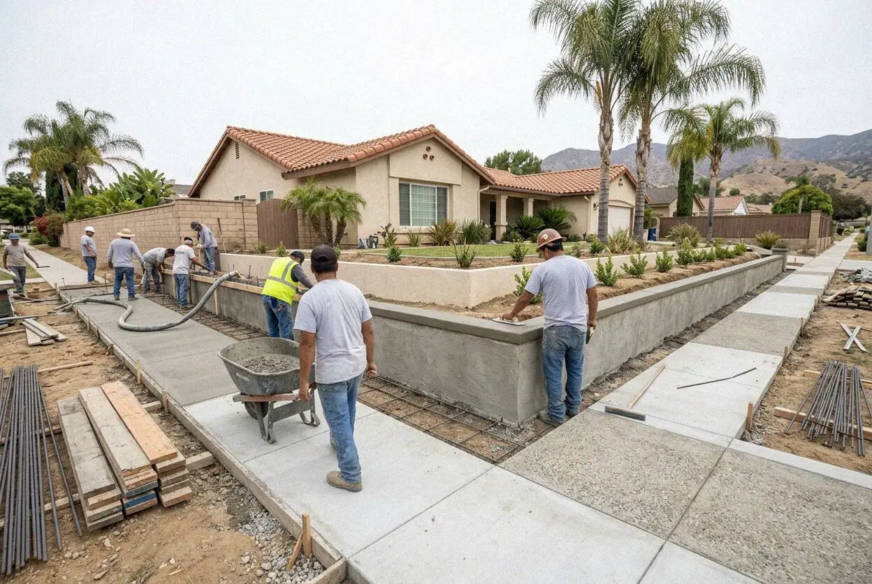 Crew setting block on a new retaining wall footing behind an El Monte, CA home