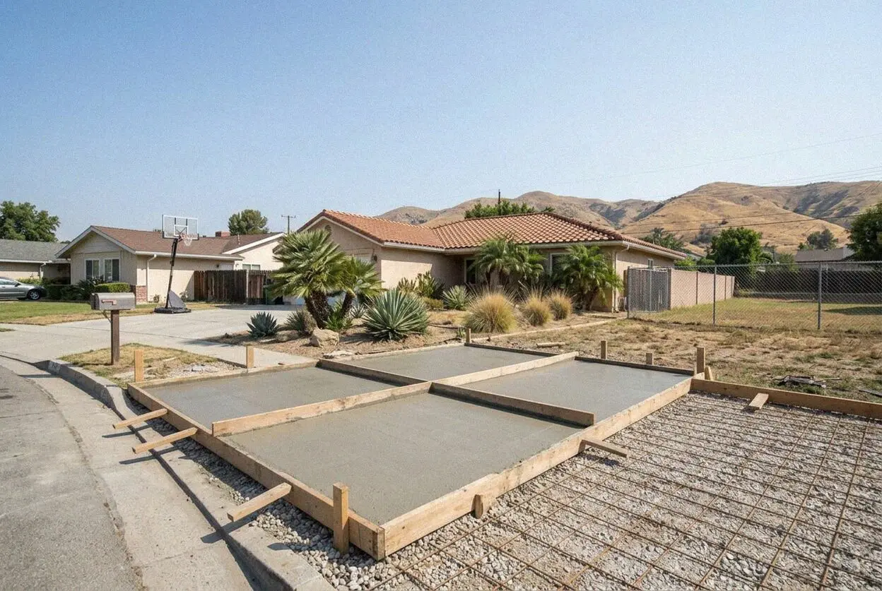 A patio being poured behind a second house on a narrow Rosemead lot