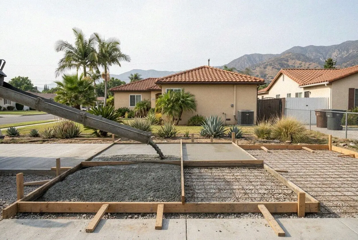 A walkway being formed at a 1920s bungalow on a San Gabriel street