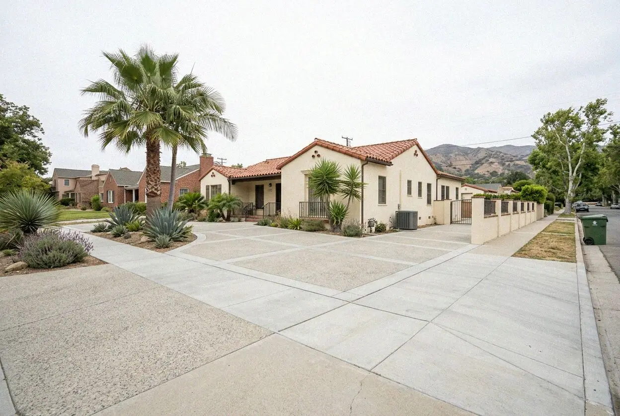 A long driveway being formed at a 1930s house on a San Marino street