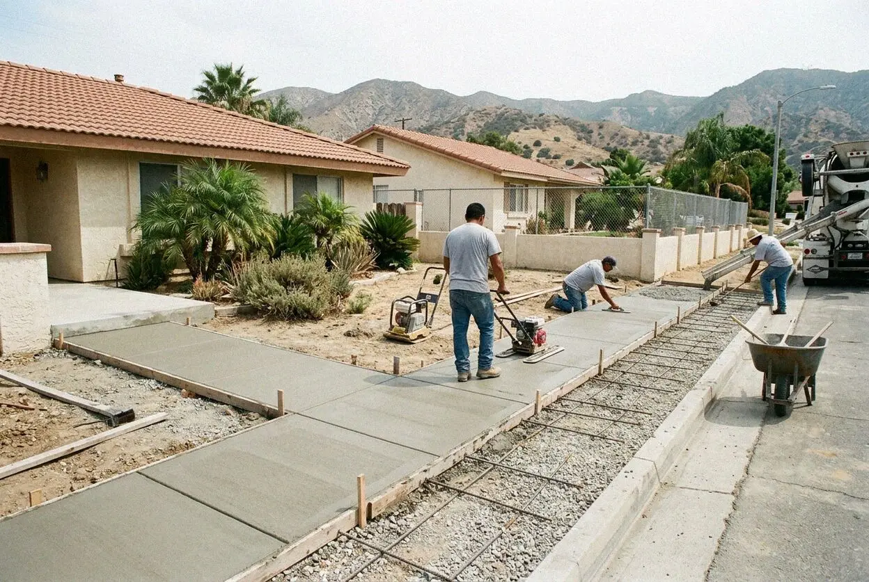 Crew finishing a repoured sidewalk bay on an El Monte residential street