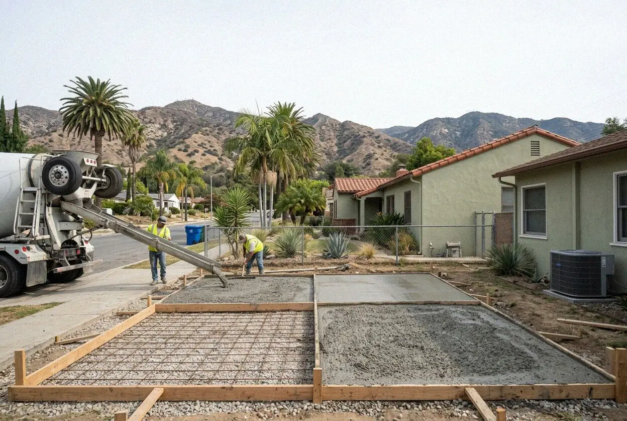 A concrete driveway being formed on a sloping lot in Sierra Madre