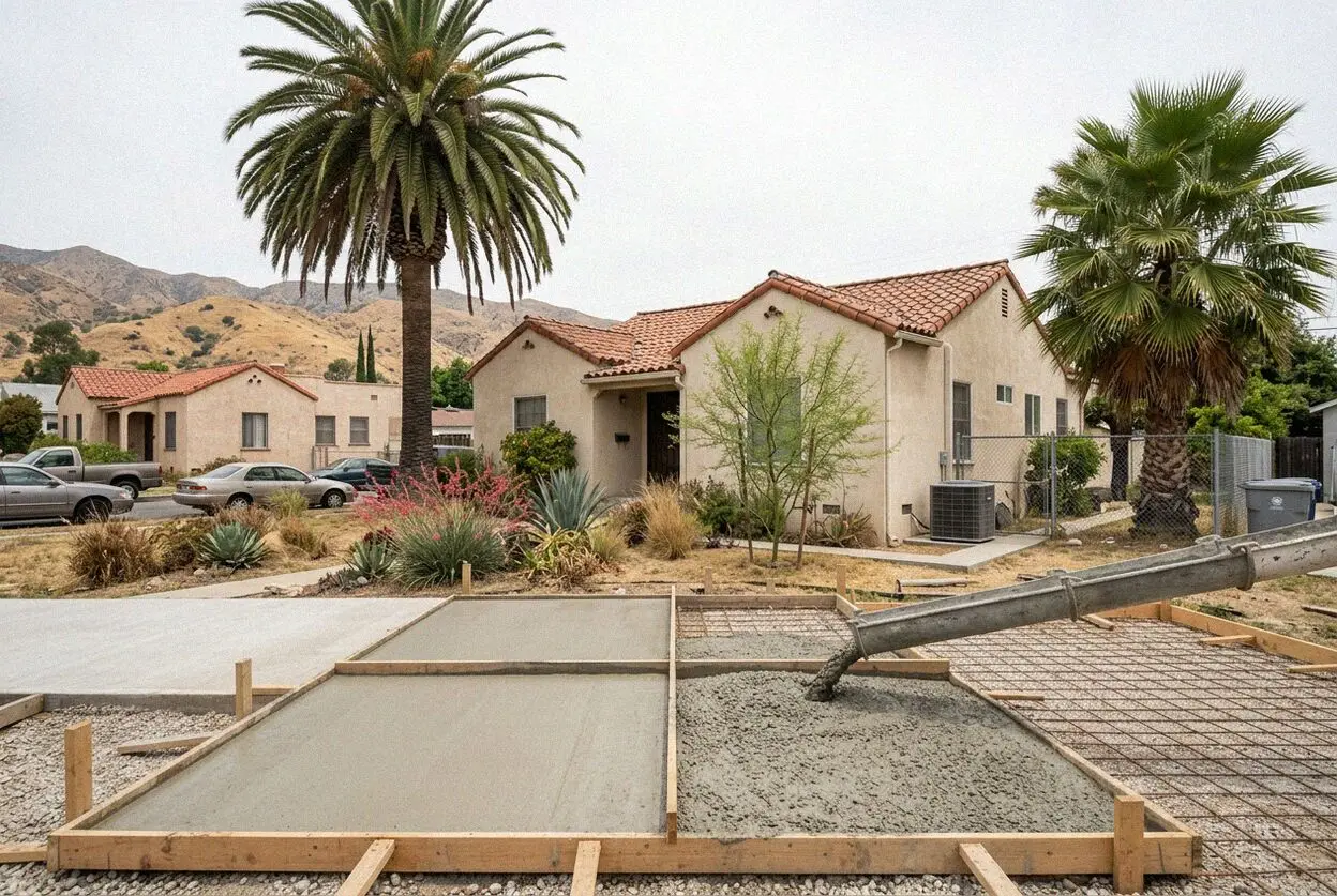 A driveway being poured at a 1950s house in South El Monte