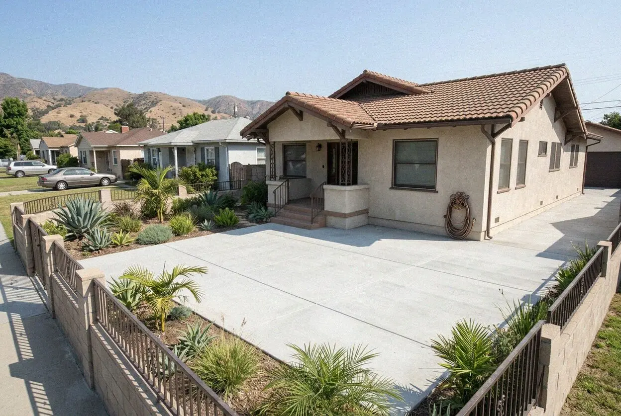 A new concrete driveway at a 1950s house in South Monrovia Island