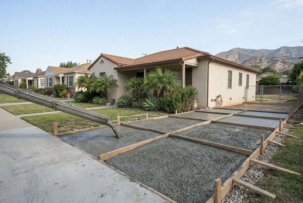A concrete walk being formed beside a Craftsman house in South Pasadena