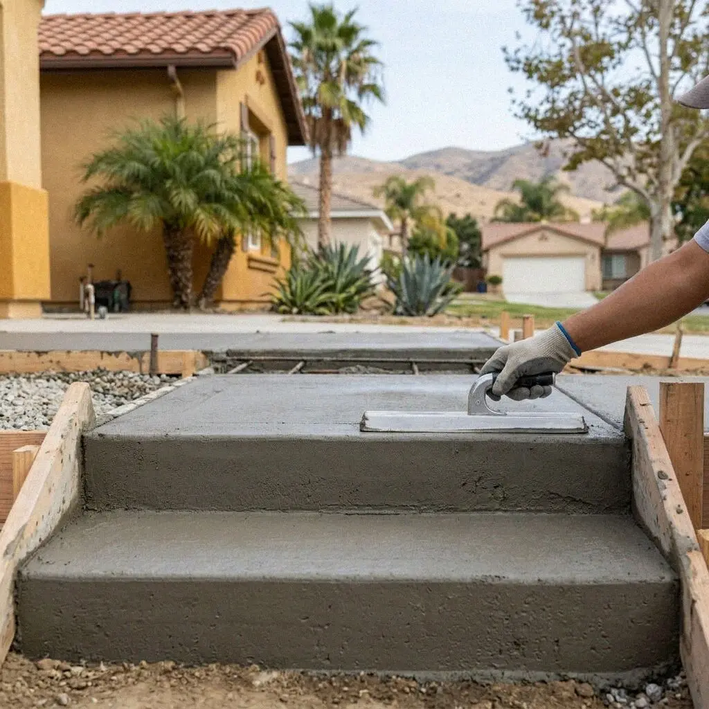 Edging tool shaping the nosing of a fresh concrete step in El Monte