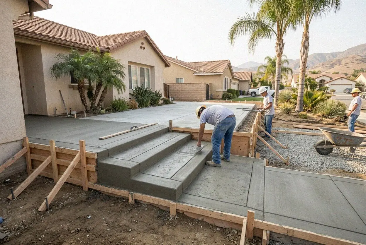 Concrete entry steps being formed and poured at a house in El Monte, CA