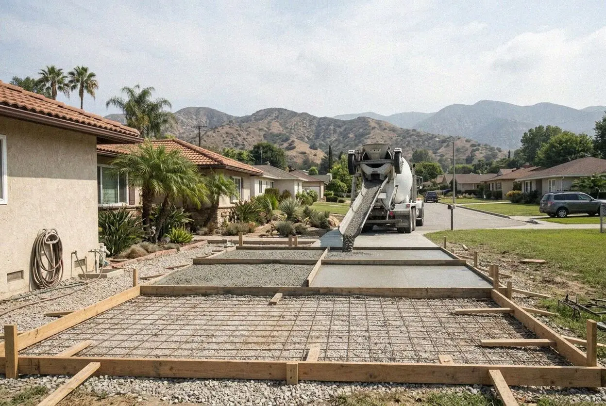 A new driveway before a rebuilt two-story house on a Temple City street