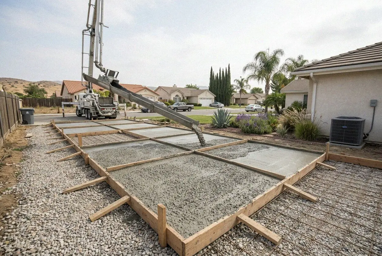 A crew pouring a driveway at a 1950s tract house in Vincent