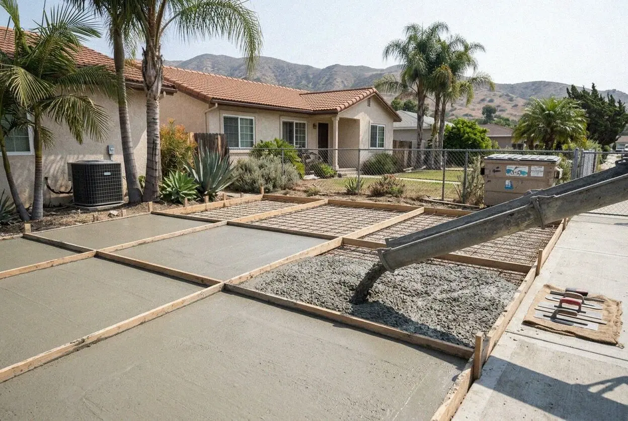 A crew forming a driveway at a bungalow in West Whittier-Los Nietos