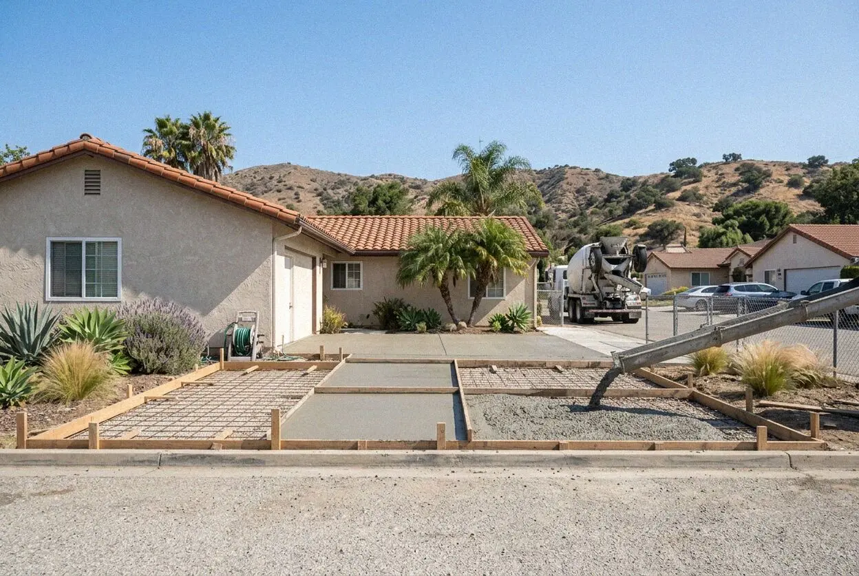 A crew pouring a driveway at a Craftsman house on a Whittier street