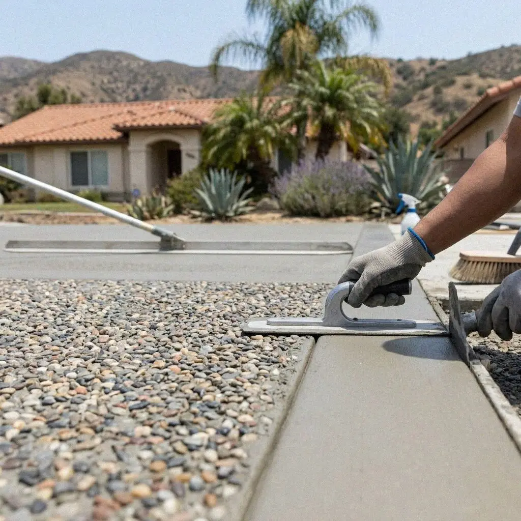 Hands hosing retarder off a fresh exposed aggregate slab in El Monte