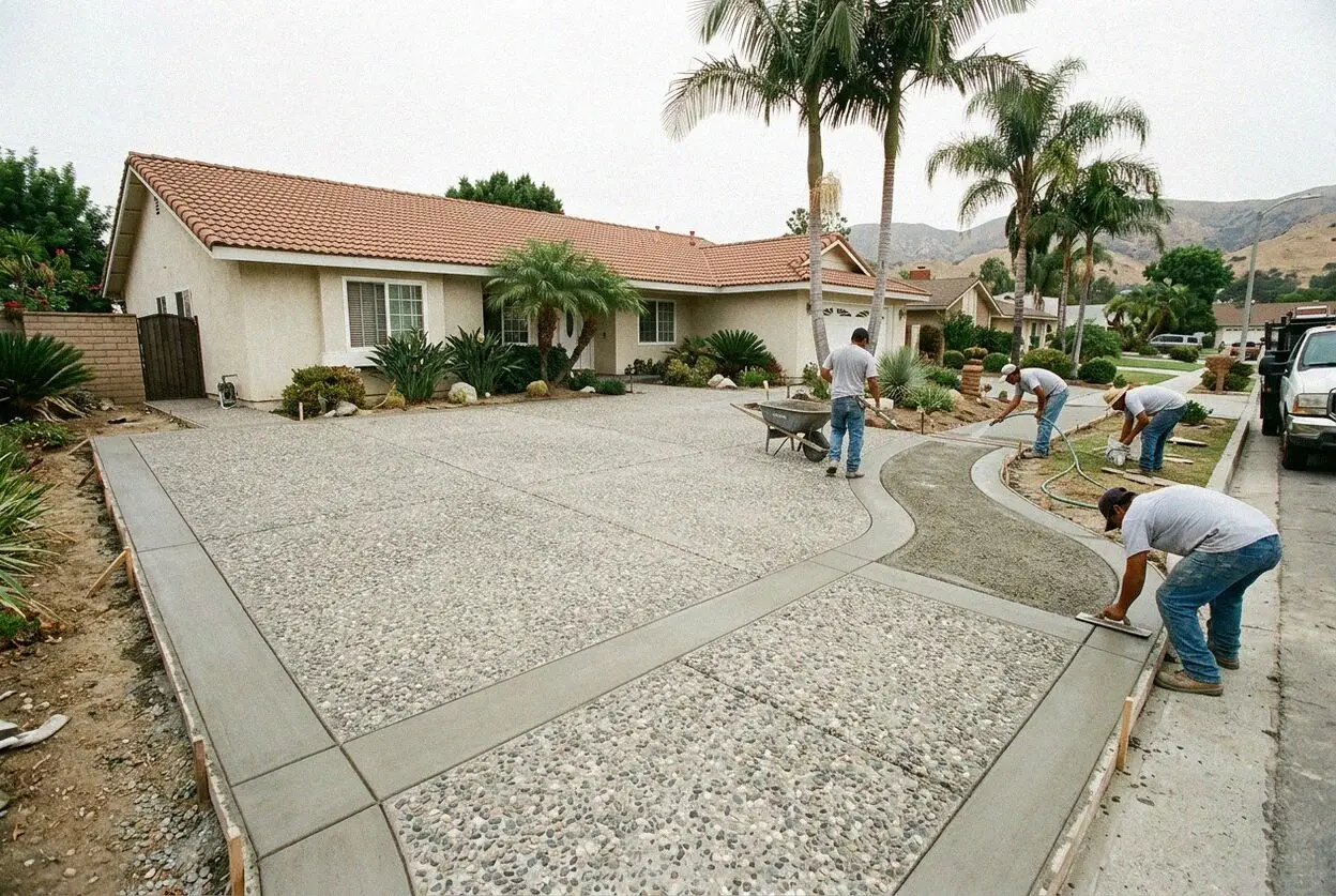 Crew washing cement paste off a fresh exposed aggregate court in El Monte