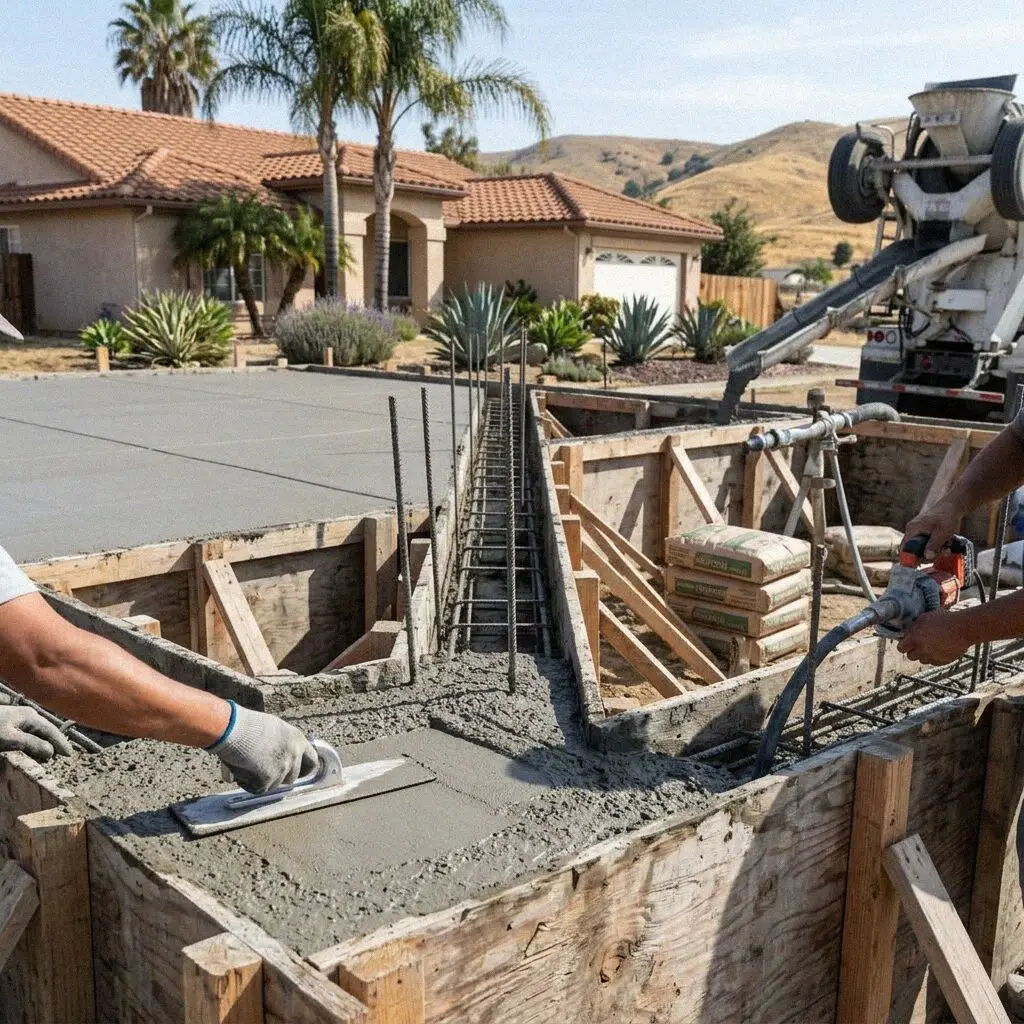 Hands tying vertical rebar into a footing cage on an El Monte lot