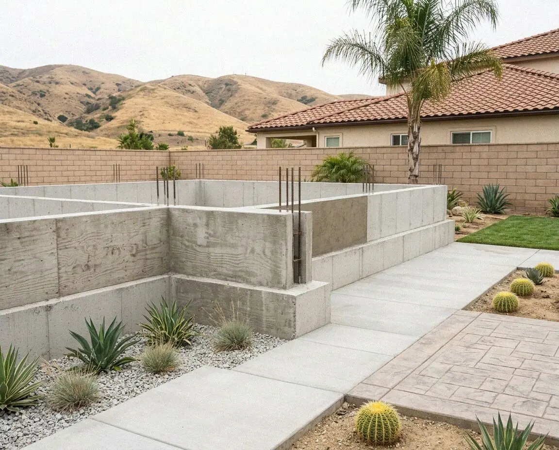Poured foundation walls with rebar standing on a cleared El Monte lot