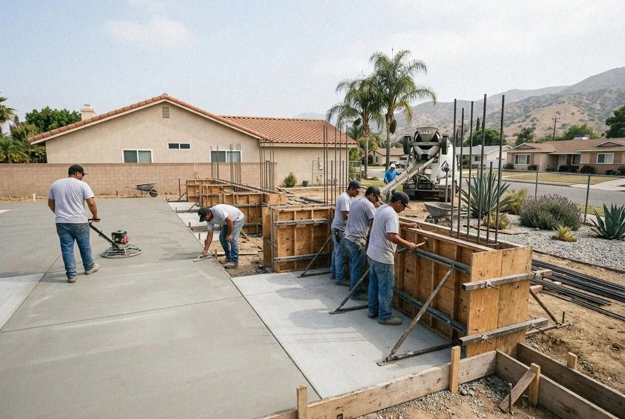 Crew placing rebar in stem wall forms for a house foundation in El Monte, CA