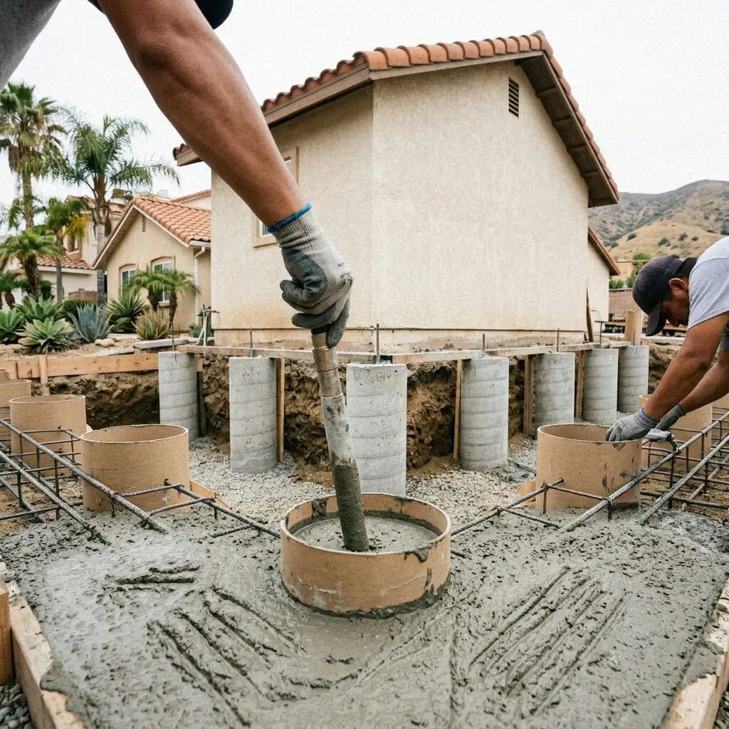 Hands bolting a pier bracket to a house footing in El Monte