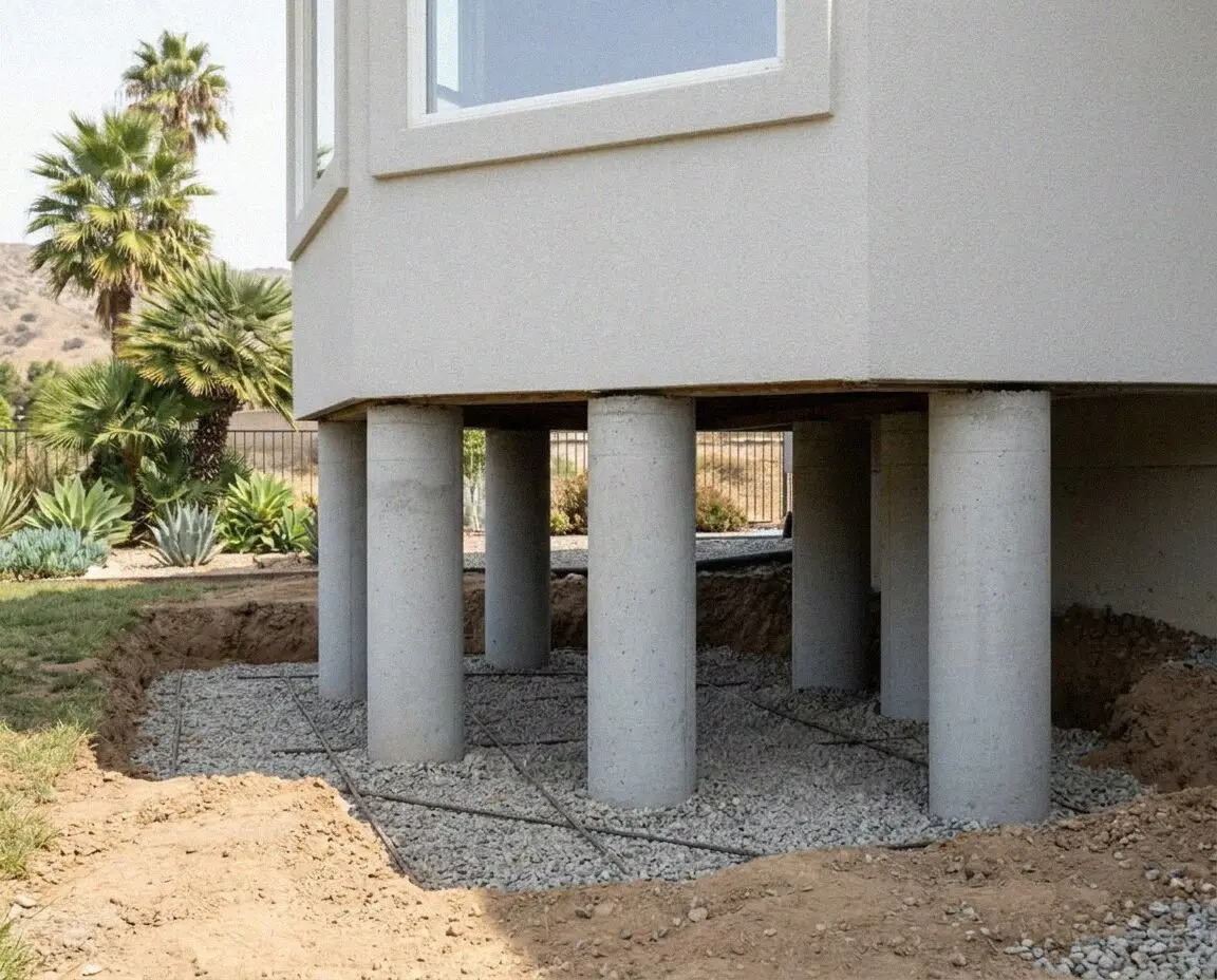 House corner carried on new steel piers after a lift in El Monte
