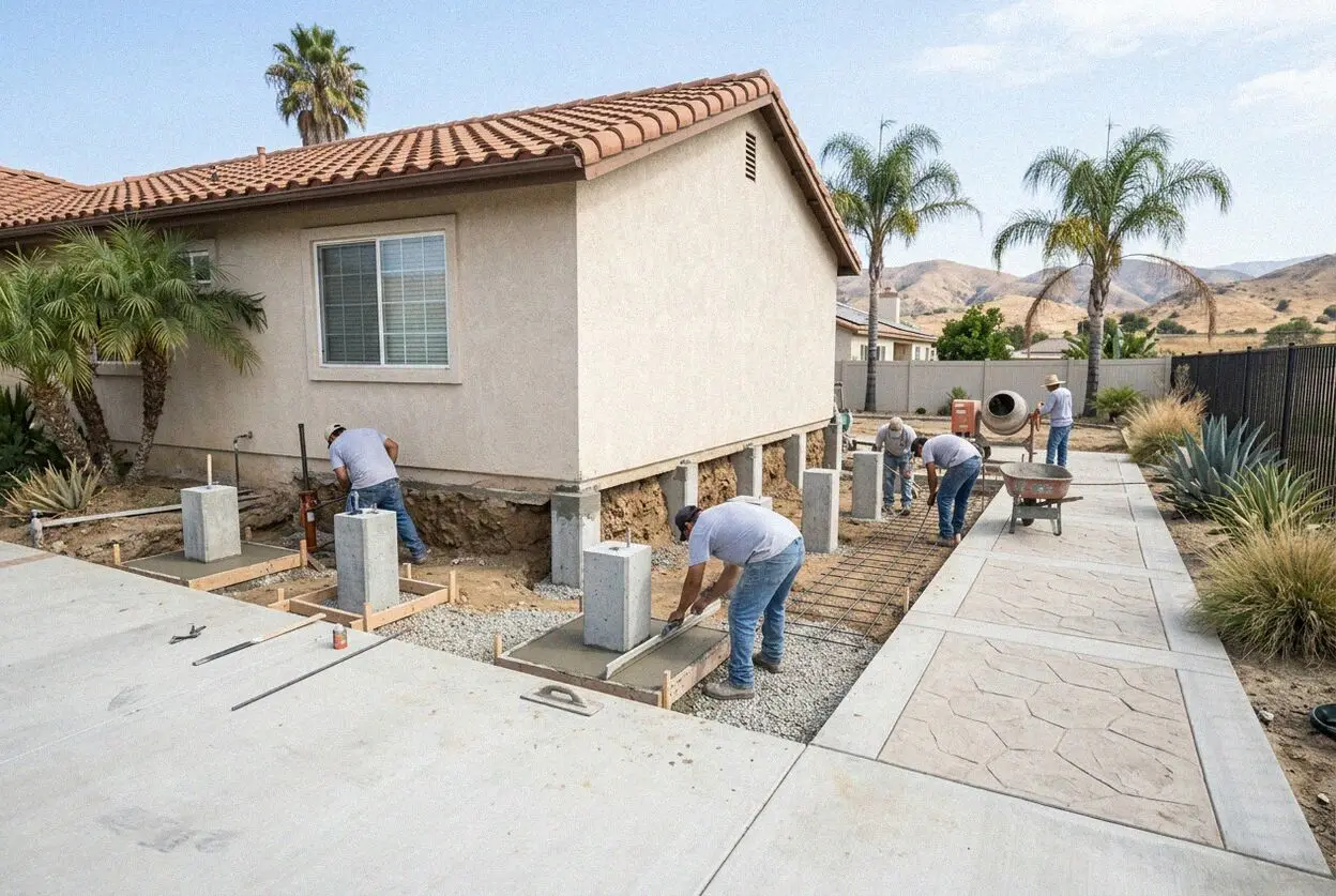Crew setting a steel pier under a settled house footing in El Monte, CA